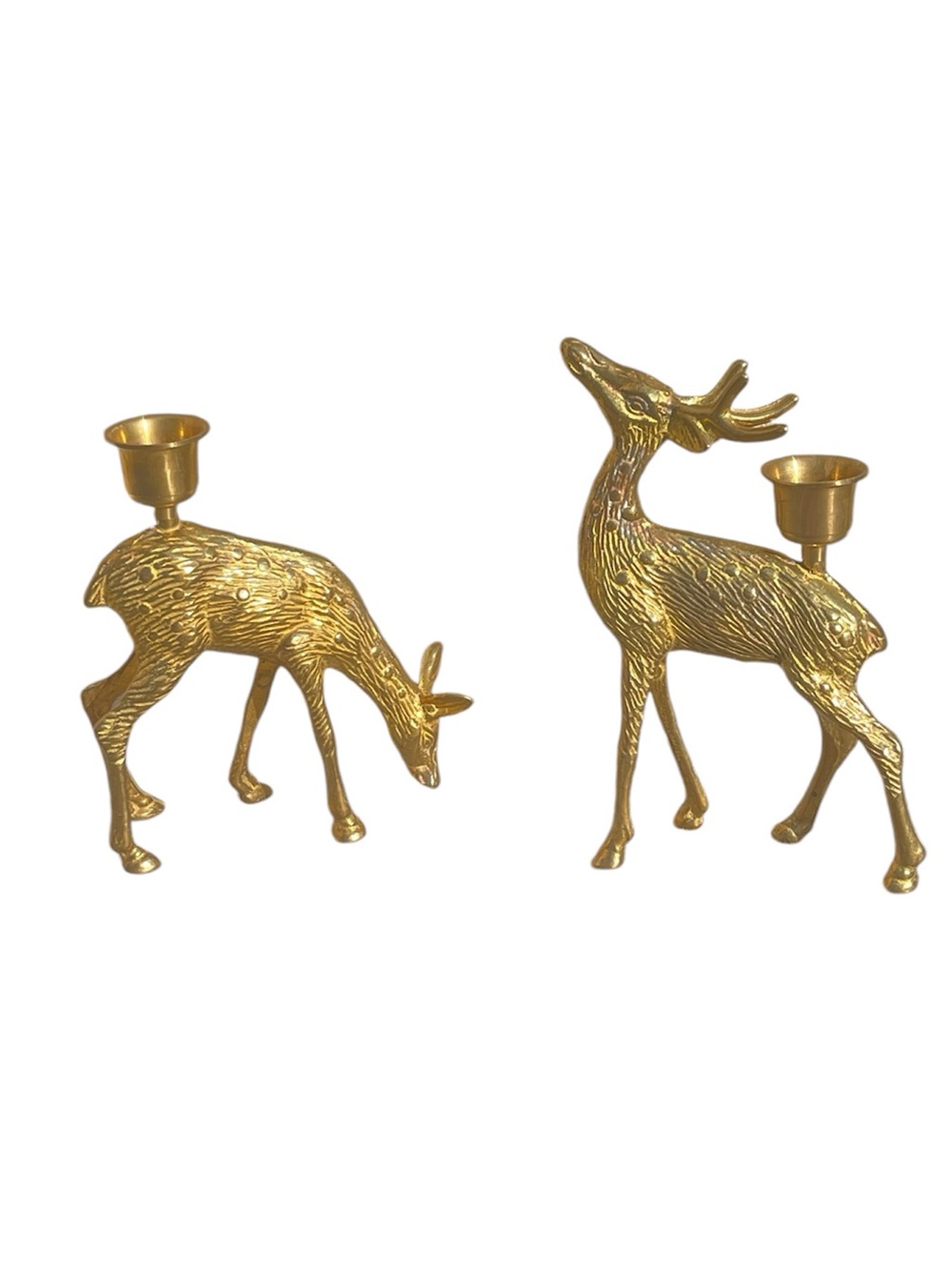 Brass Standing Deer Reindeer Pillar Candle Holders Christmas Vintage Pair Of 2